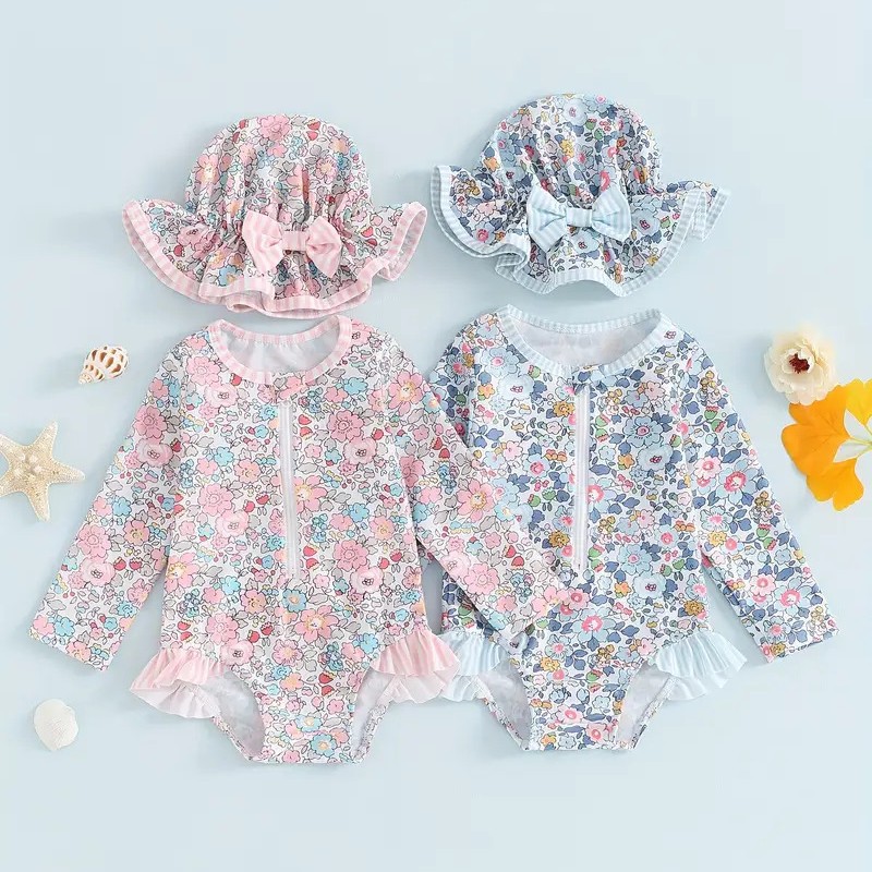 2025 New Girls Ins Elegant one-piece Swimwear Summer Clothes Children's Floral Sunscreen Quick-drying Long-sleeved Swimwear