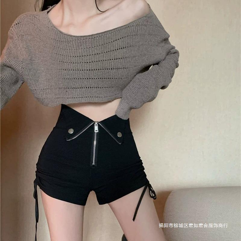 Hot Girl Drawstring Straight Casual Shorts Women's Summer Thin Hot Pants Black Small High Waist Slimming Wide Leg Pants