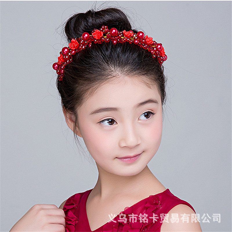 Picture of Children's performance flower girl wedding bridesmaid bride tiara pearl headband Crown children handmade headband performance festival
