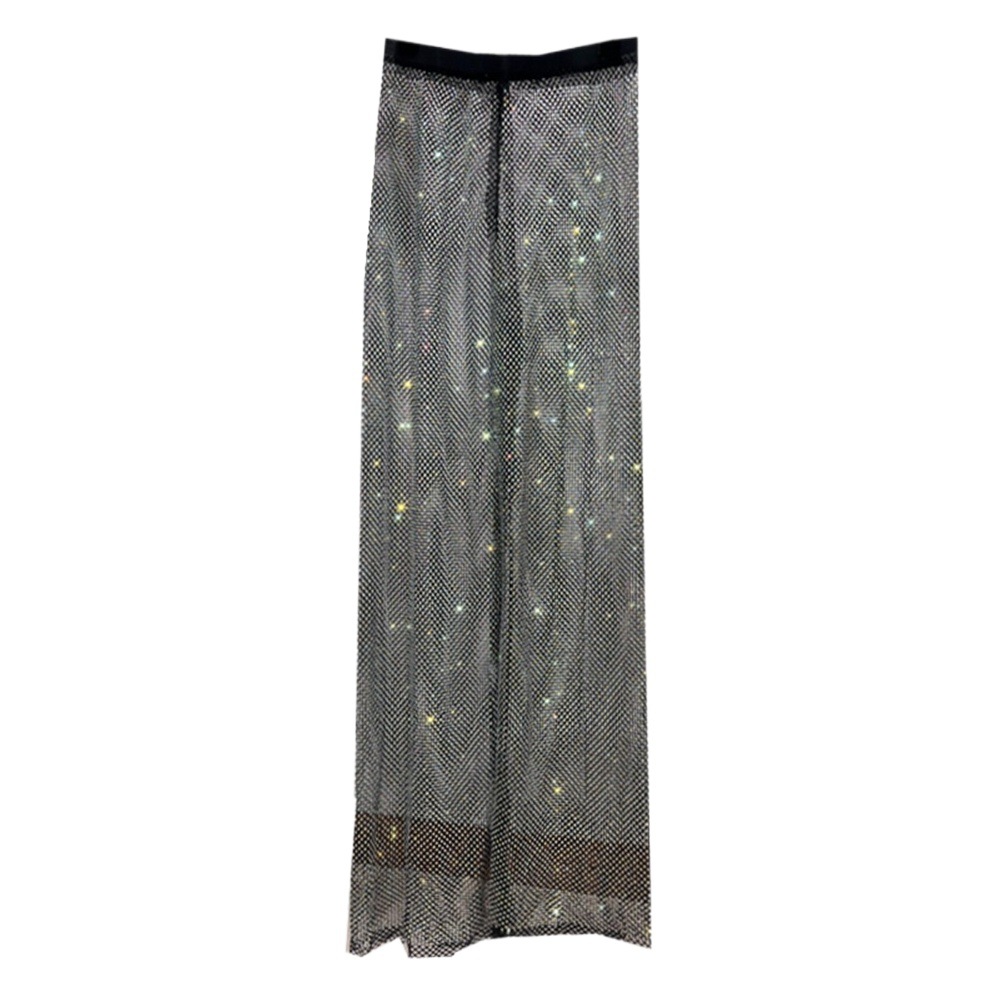 European and American sexy hollow-out AB colored diamond shiny mesh wide-leg pants slim slimming mopping pants rhinestone straight pants trousers