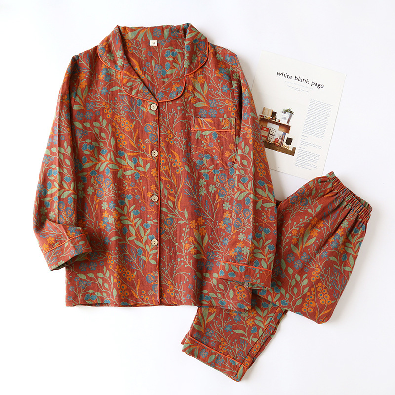 Picture of Cotton Yarn-dyed New Retro Lapel Long-sleeved Trousers Cardigan Two-piece Set Women's Home Clothes Home Clothes