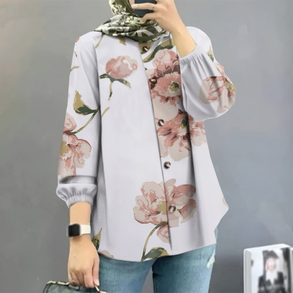 Picture of Spot Cross-Border Amazon Middle Eastern Malay New Women's Muslim Floral Shirt Fashionable Puff Sleeve Factory Batch
