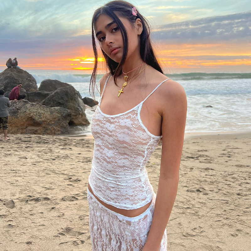 Picture of European and American ins style lace perspective suspenders 2023 summer new women's slim fashion small vest wholesale