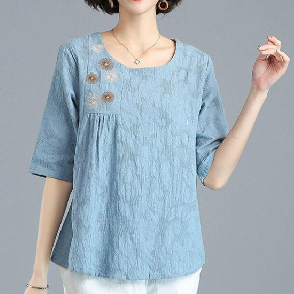 Picture of Renaissance Jacquard CoTTon and Linen Three-quarTer Sleeve T-shirT Women's Summer Loose Large Size Belly-covering Slimming Look Embroidered Casual Top