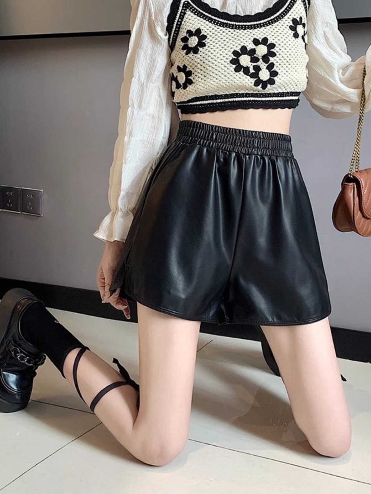 Casual Brown Leather Pants 2024 New Autumn and Winter High Waist Women's Loose Wide Leg Pants Fashion Slimming A- Shoe Pants