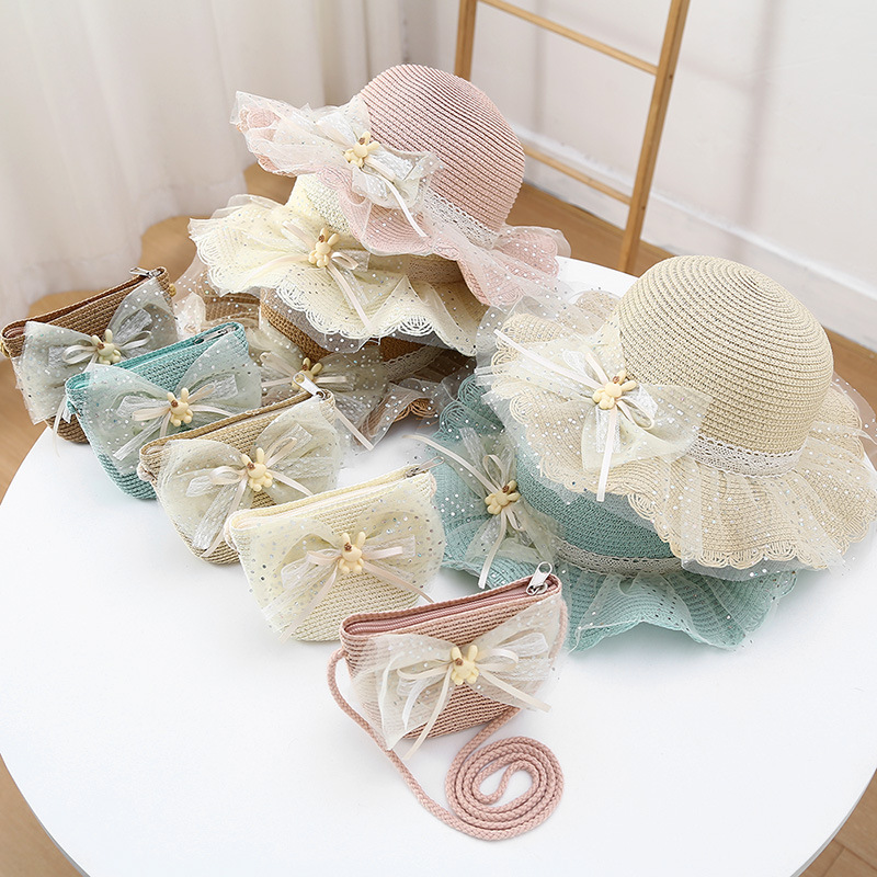 Children's Sunscreen Hat Summer Girl's Sunshade Straw Hat Bag Set Baby Girl's Foreign-style Lace Princess Beach Hat