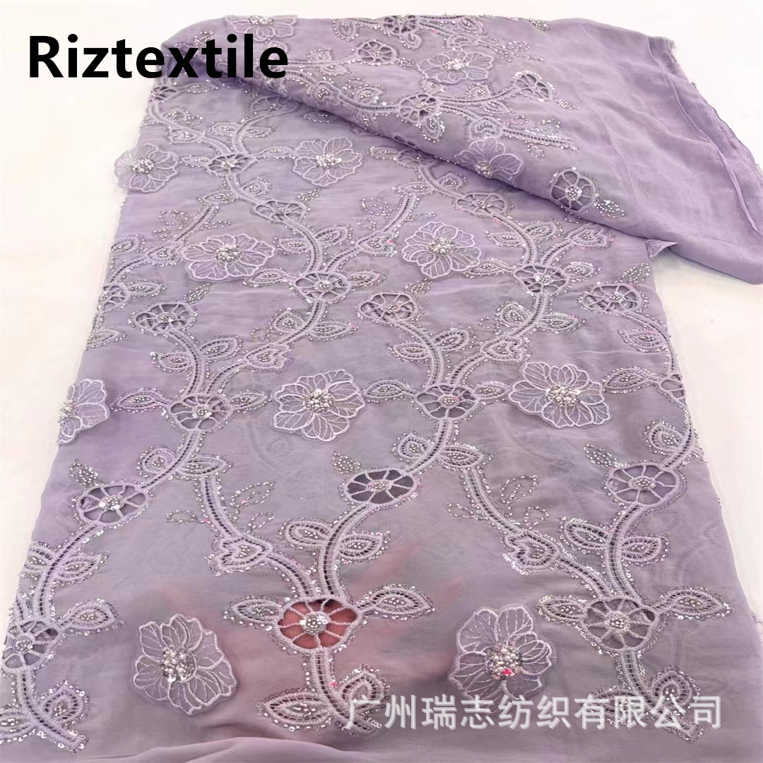 Picture of Wholesale African Cut Out Beaded Lace Fabric Evening Dress Sequin Embroidered Fabric African Sequins Lace