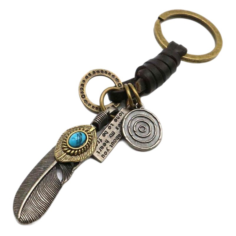Vintage Sapphire Feather Keychain Distinctive Feather Cowhide Metal Key Ring Creative Pendant Handmade Accessories