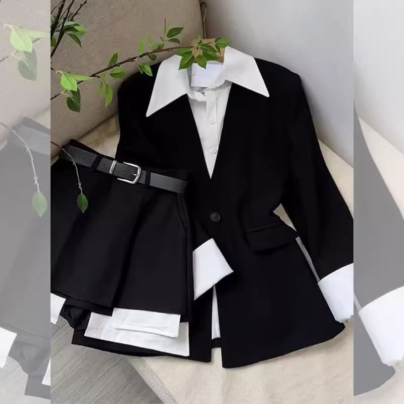 Fashion suit Women's Autumn 2024 Korean Style Elegant Suit Jacket Stitching Shirt Skirt Two-piece Set Fashion