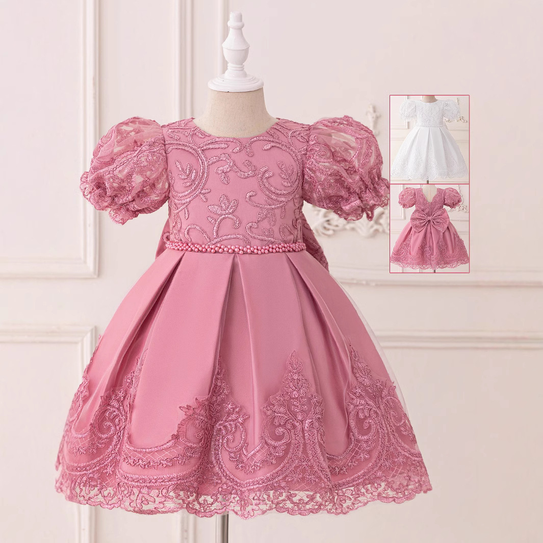 Summer New European and American Kidsren's Satin Dress Lace Puff Sleeve Princess Dress Girls Performance Dress Performance Dress
