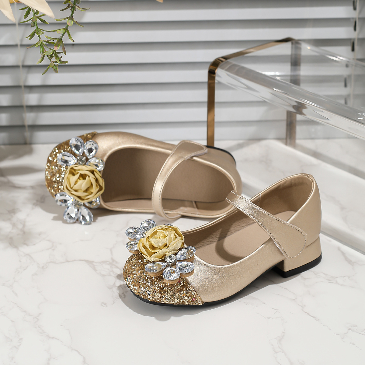Cross-Border Girls High-Heeled Princess Shoes Children's Thick-Heeled Student Leather Shoes Flower Dress Dance Mary Jane Baby Shoes