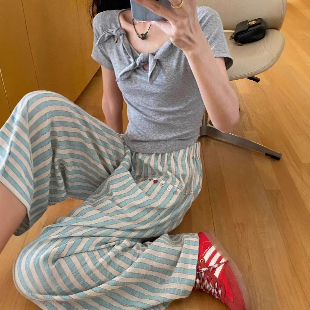 Picture of Autumn and Summer Thin Striped Pants for Women, Cotton and Linen 2025 New Style Petite Casual Straight Pants, Loose Linen Wide-Leg Pants