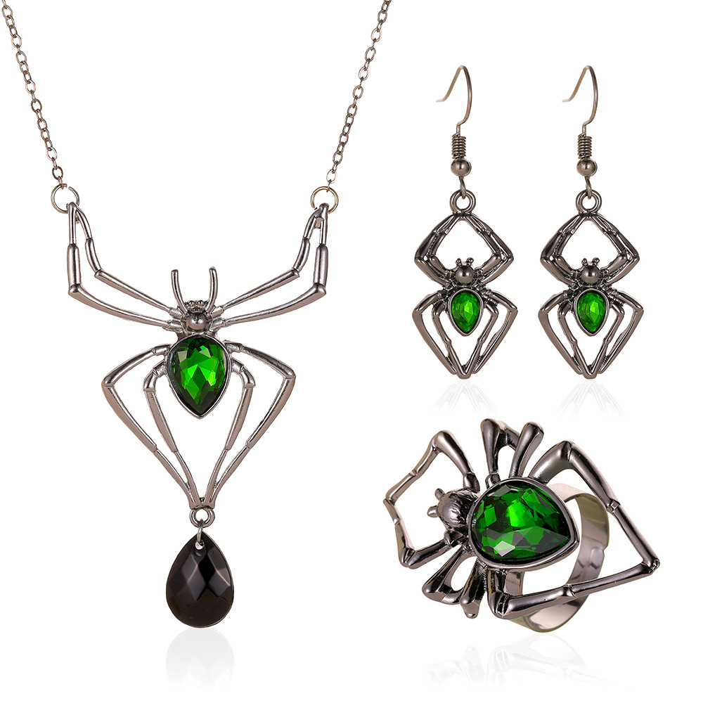 Picture of Halloween jewelry personality exaggerated three-piece spider necklace earrings ring vintage emerald suit accessories