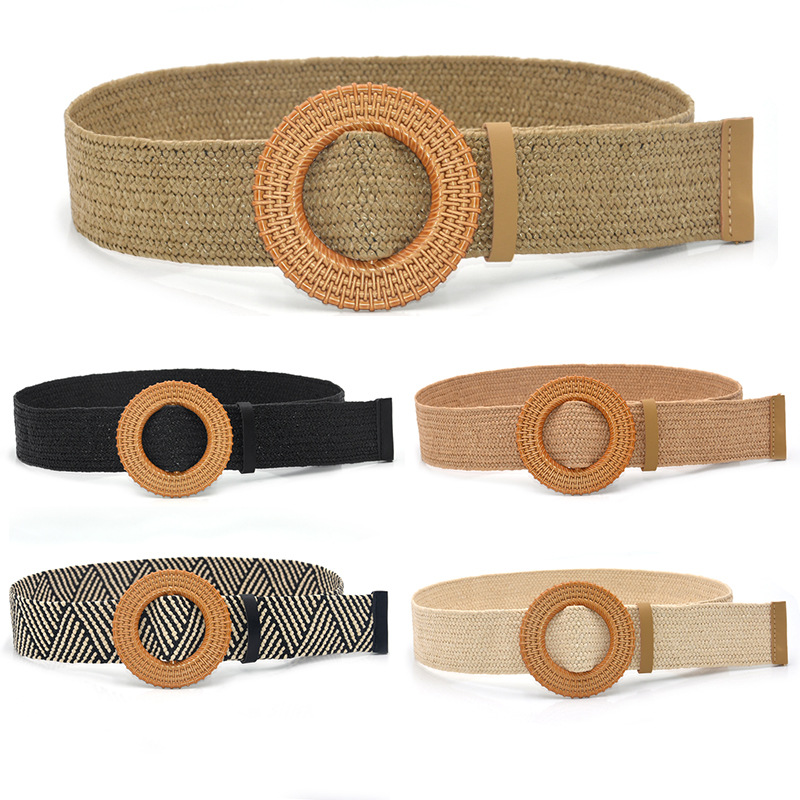 Woven wide belt Women's retro ethnic style artistic wooden buckle cotton and linen waist seal simple all-match student decorative belt