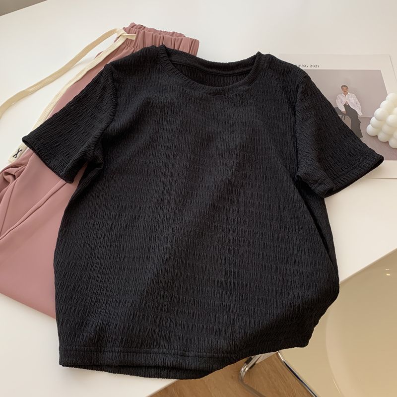 Picture of Ins Super Fire Texture Short-sleeved T-shirt Women's Summer Loose Slimming All-match Sweet and Vassal Style Solid Color Half-sleeved Clothes Trendy