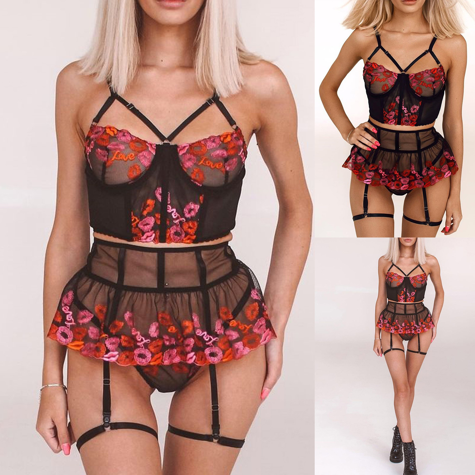 European and American foreign trade underwear, pajamas, lace cutout, see-through, embroidery, sexy charm, three-point garter, sexual interest