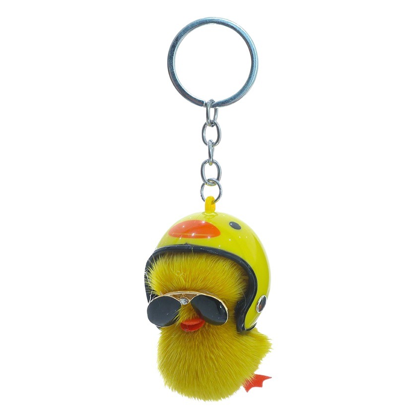 [Helmet little yellow duck] mink fur cute car keychain Plush Bag pendant mobile phone ornaments