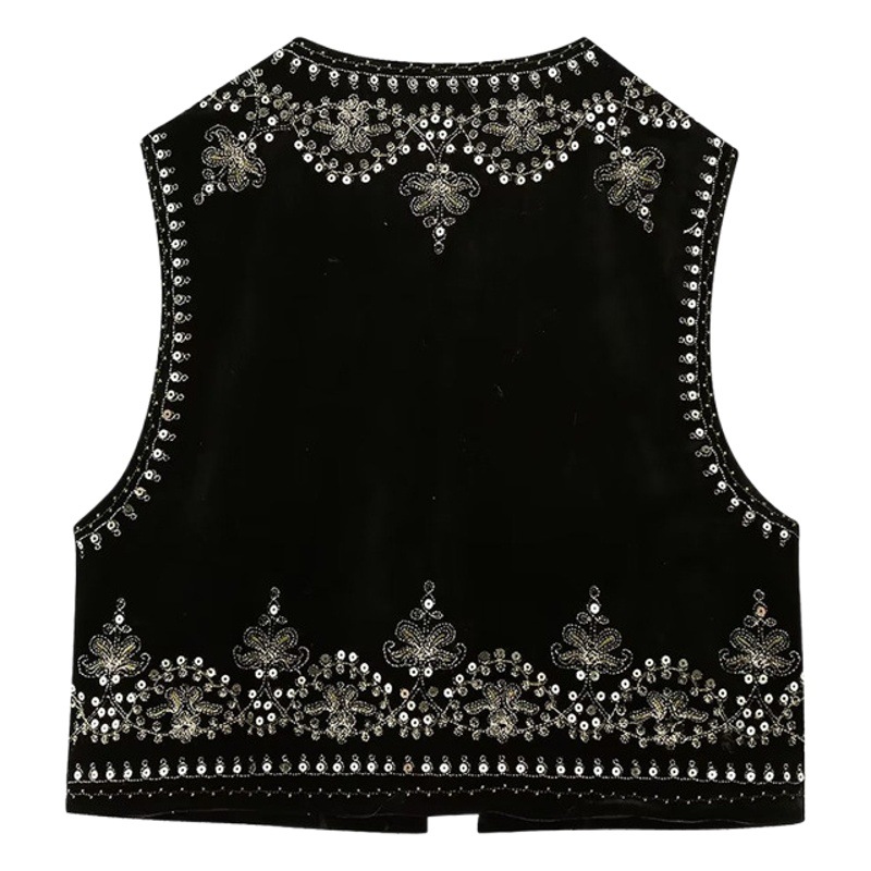 Cross-Border Export 2022 Autumn and Winter European and American Style Zaura Women's Sequin Embroidered Velvet Buttonless Vest for Women