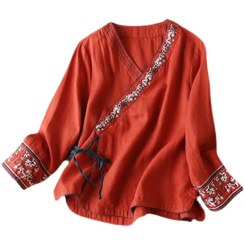 Picture of Summer Ethnic Style Women's Cotton and Linen Slant Placket Embroidered Top Artistic Retro Loose Modified Hanfu Ancient Style Tea Zen Clothing