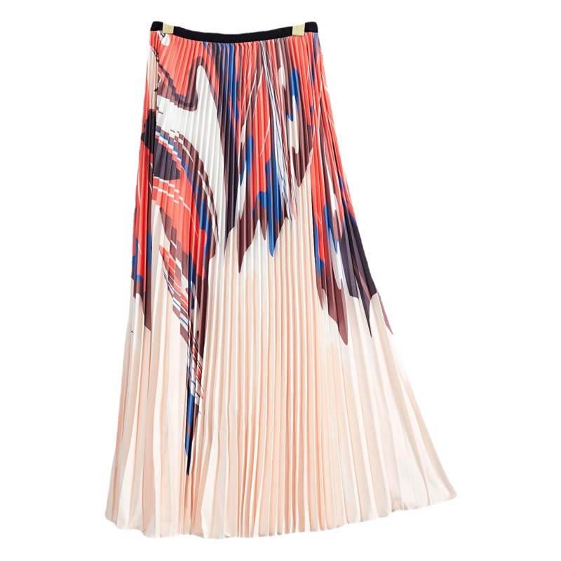Fashion Pleated suit High-end Women's Abstract Graffiti High Collar Top Printed High Waist Skirt Elegant Two-piece Set