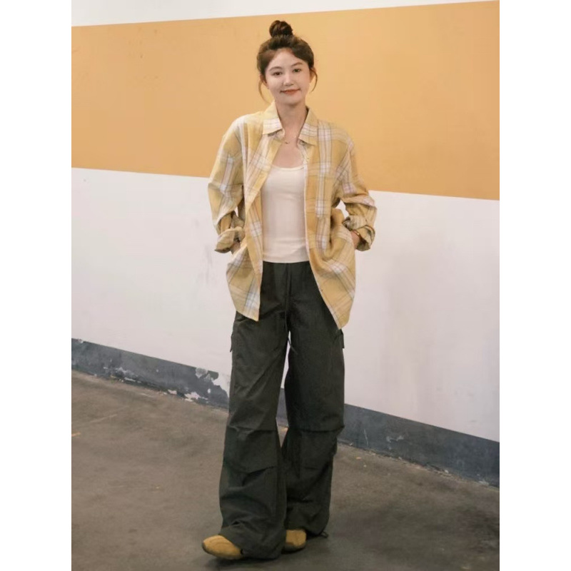 Original Fabric Real Price Yellow Cotton Plaid Shirt Women's Inner Layered Base Jacket Loose Slim Shirt