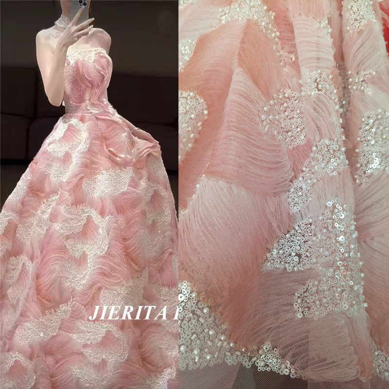 Flower color beads embroidered fabric handmade mesh accessories beads sequins embroidered fabric lace clothing wedding dress