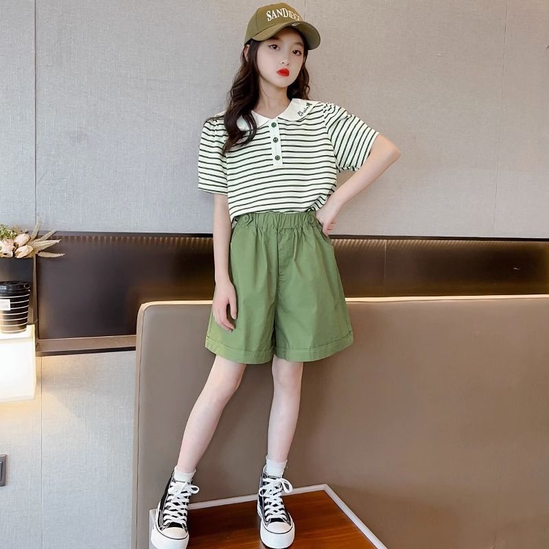 Picture of Girls' suit Summer Big Girls' Short-sleeved Striped Doll Collar Top Casual Shorts Children's Summer Sports Summer Wear