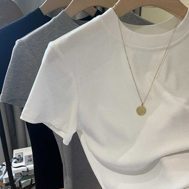 Foreign trade big brand cut the original single genuine goods! Pit Thread Foundation Round Neck Temperament Knitted Sweater T-Shirt Short Sleeve Women's Summer