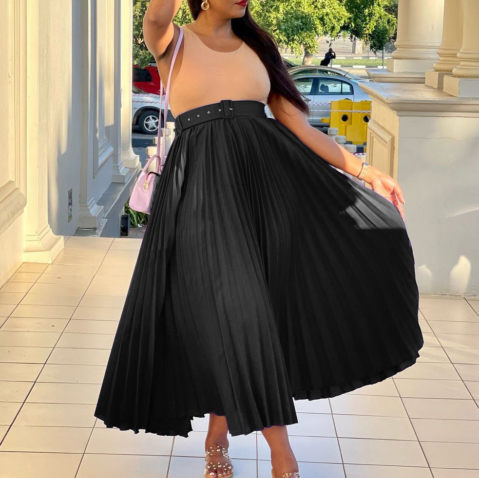 Picture of D293P with belt European and American women's clothing new high waist large skirt mid-length pleated temperament drape foreign trade skirt