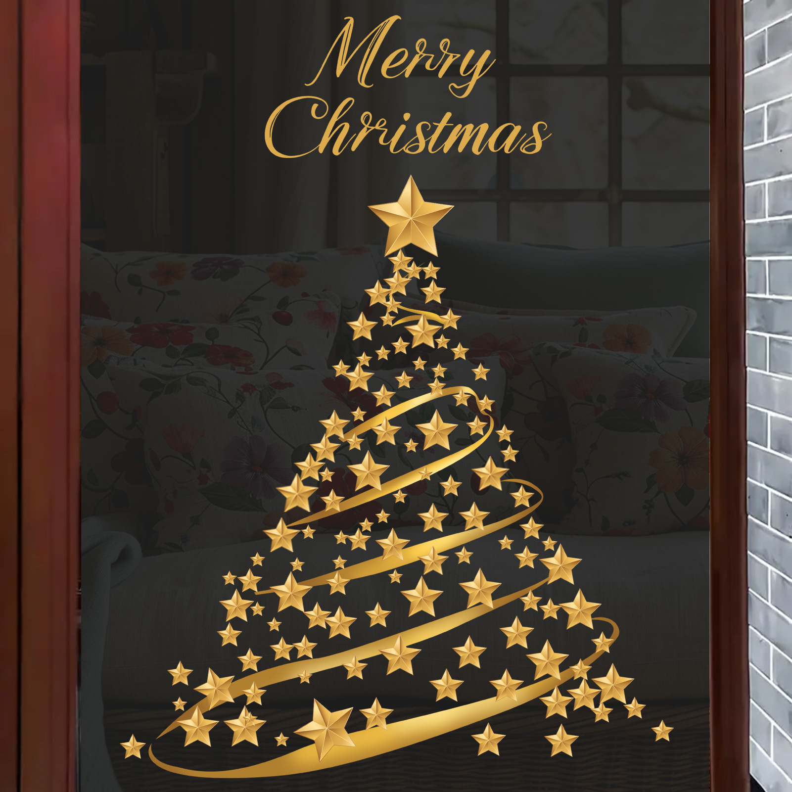MS-XA083 Christmas Golden Star Christmas Tree Holiday Party Scene Commercial Glass Window Decoration Wall Sticker