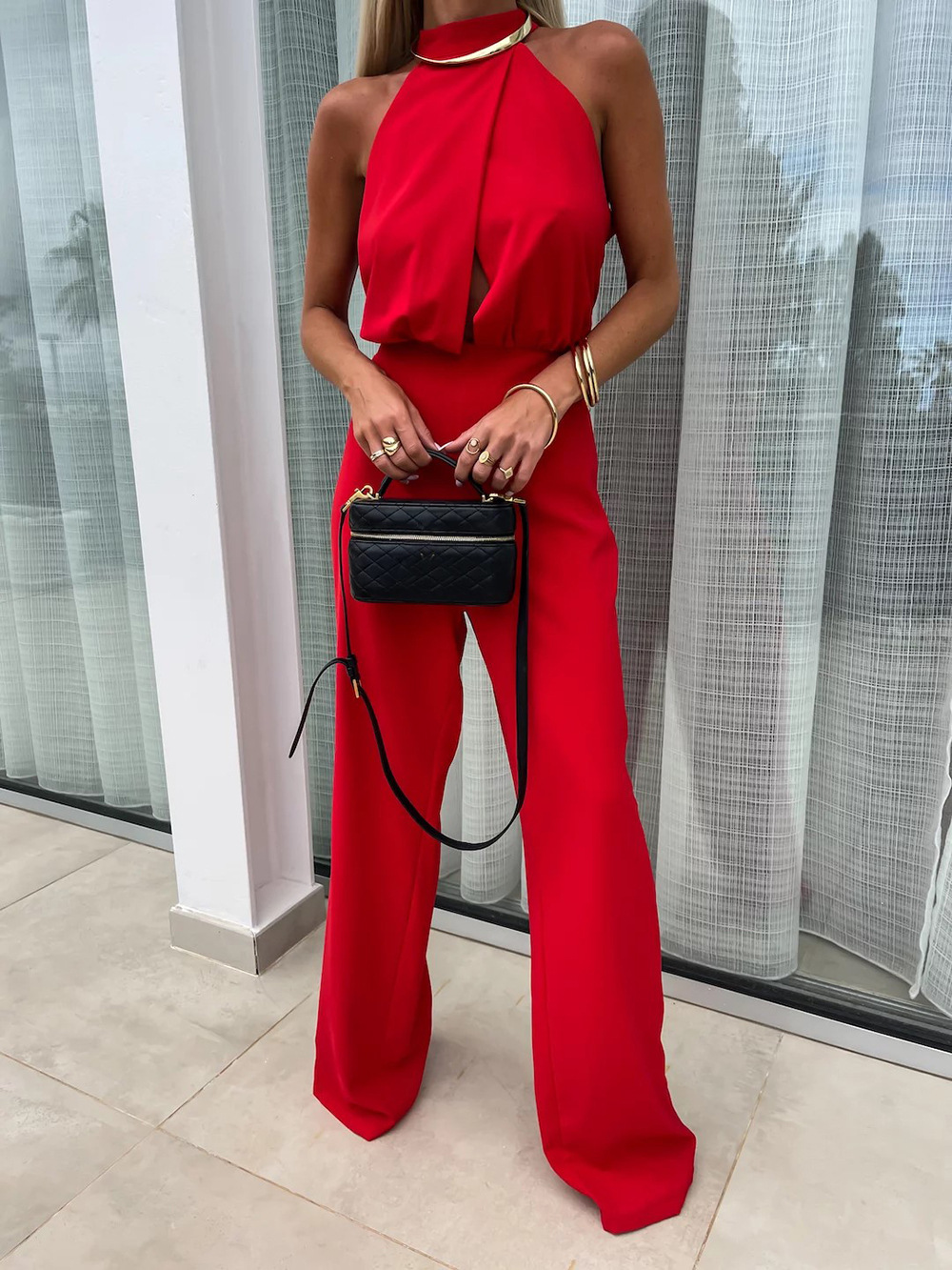 Picture of European and American Amazon Cross-border Summer Women's Half-high Neck High Waist Backless Sexy Fashion Straight-Leg in stock