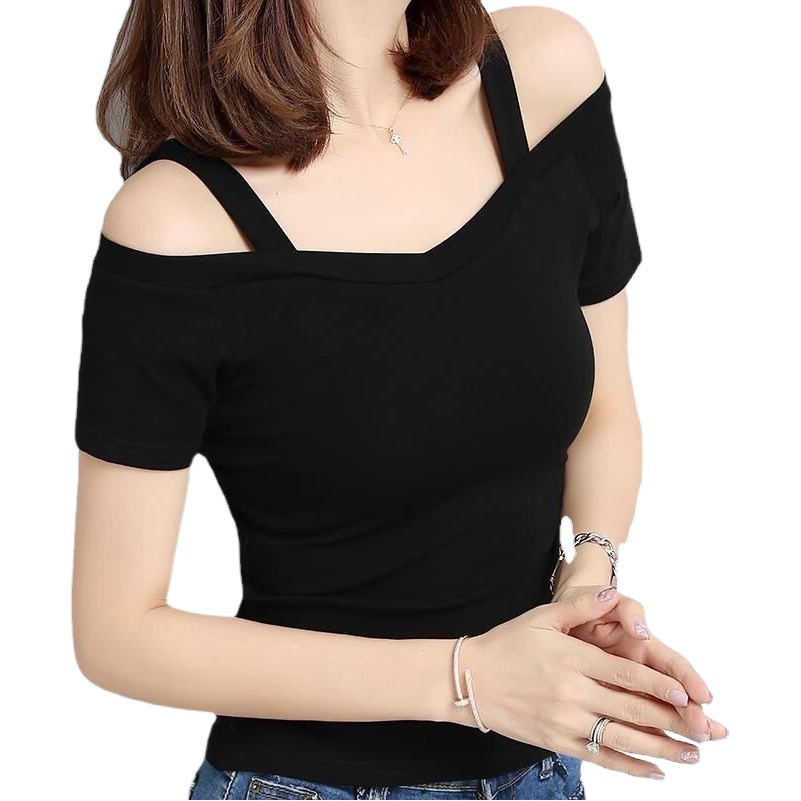 T-Shirt for Women 2025 Summer Korean Style Black L Off-Shoulder Suspender Short-Sleeved T-Shirt Women's One-Line Collar Off-Shoulder Sexy Top Trendy