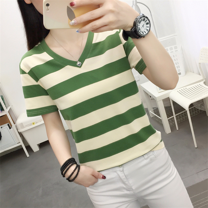 V-neck Striped Short-sleeved T-shirt Women's Summer New Loose Slimming Half-sleeved T-shirt Shoulder Base Cotton Top Trendy