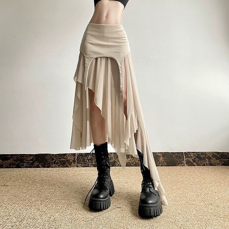 Millennium Spice Girl Style Lightweight Split Irregular Skirt Women's High Waist Navel-exposed Slim-fit All-match Skirt
