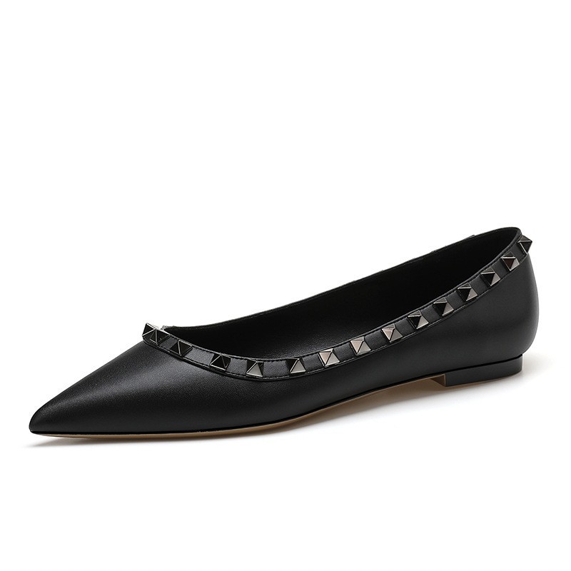 Picture of Nude Pointed Toe Shoes for Women 2024 Spring Shallow Patent Leather Versatile European and American Soft-Soled Boat Shoes Flats-Soled Rivet Shoes for Work Clothing