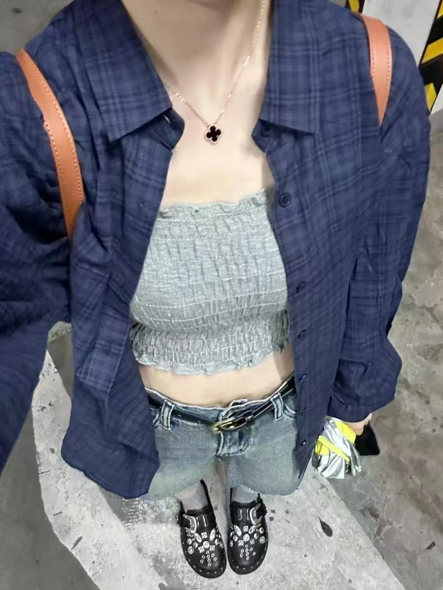Japanese Elegant Retro dark blue Pure Cotton Plaid Shirt Women's Early Autumn 2024 New Cold Style High-end Top