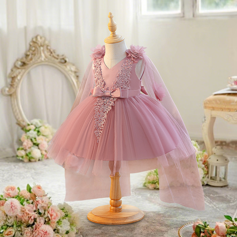 2025 New Girls' Dress Dress, One-Year-Old Baby Princess Dress, Floral Strap Shawl Dress, Embroidered Beaded Children's Dress