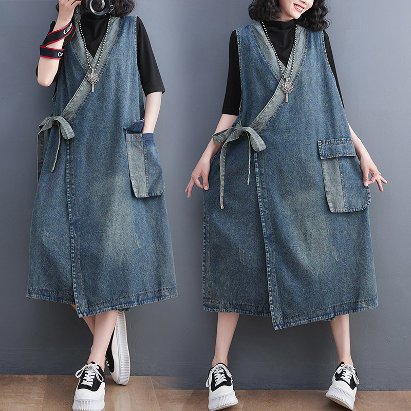 Vintage Slant Lace Mid-length Denim Vest Summer Old Color-matching Loose dress
