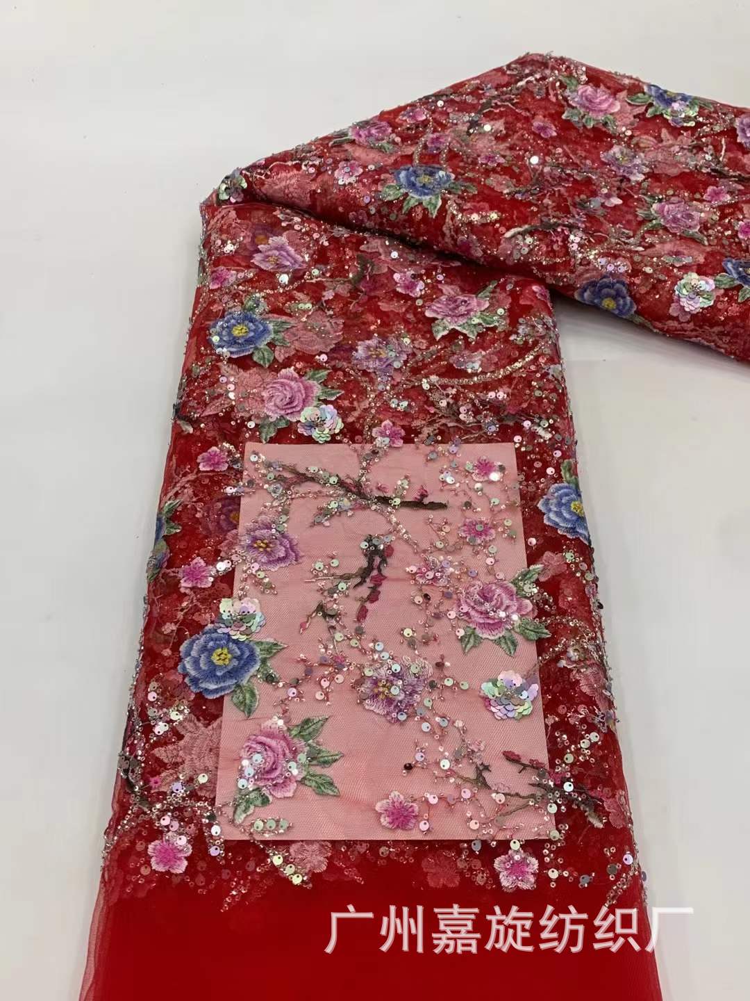 Heavy-duty embossed embroidery rose embroidery beads car bone sequined embroidered cloth evening dress cheongsam lace fabric JX3617