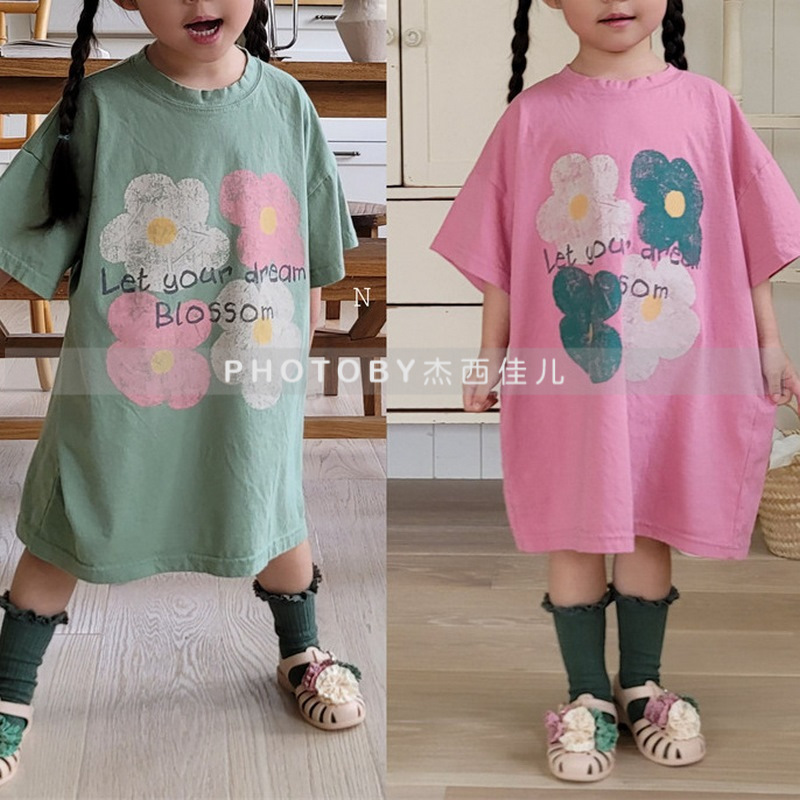 Korean Style Children's Wear Summer New Girls' Flower Print T-Shirt Dress Casual Loose All-match Comfortable Cool dress