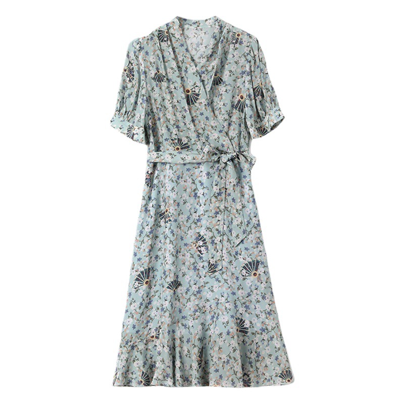 French Floral Dress 2025 New Style Gentle V-Neck Elegant Slimming Look High-End Summer Ruffled Silk Skirt