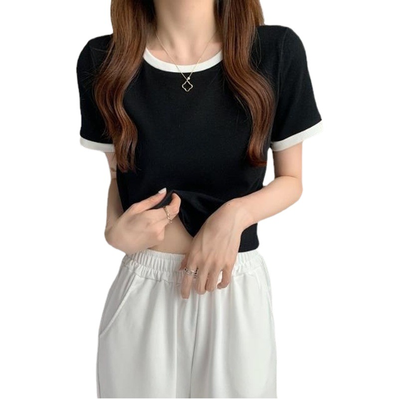 Contrast Color Round Neck Short Sleeve T-Shirt Women's 2025 New Summer Base Shirt Korean Style Slim Fit Short Student Top Trendy