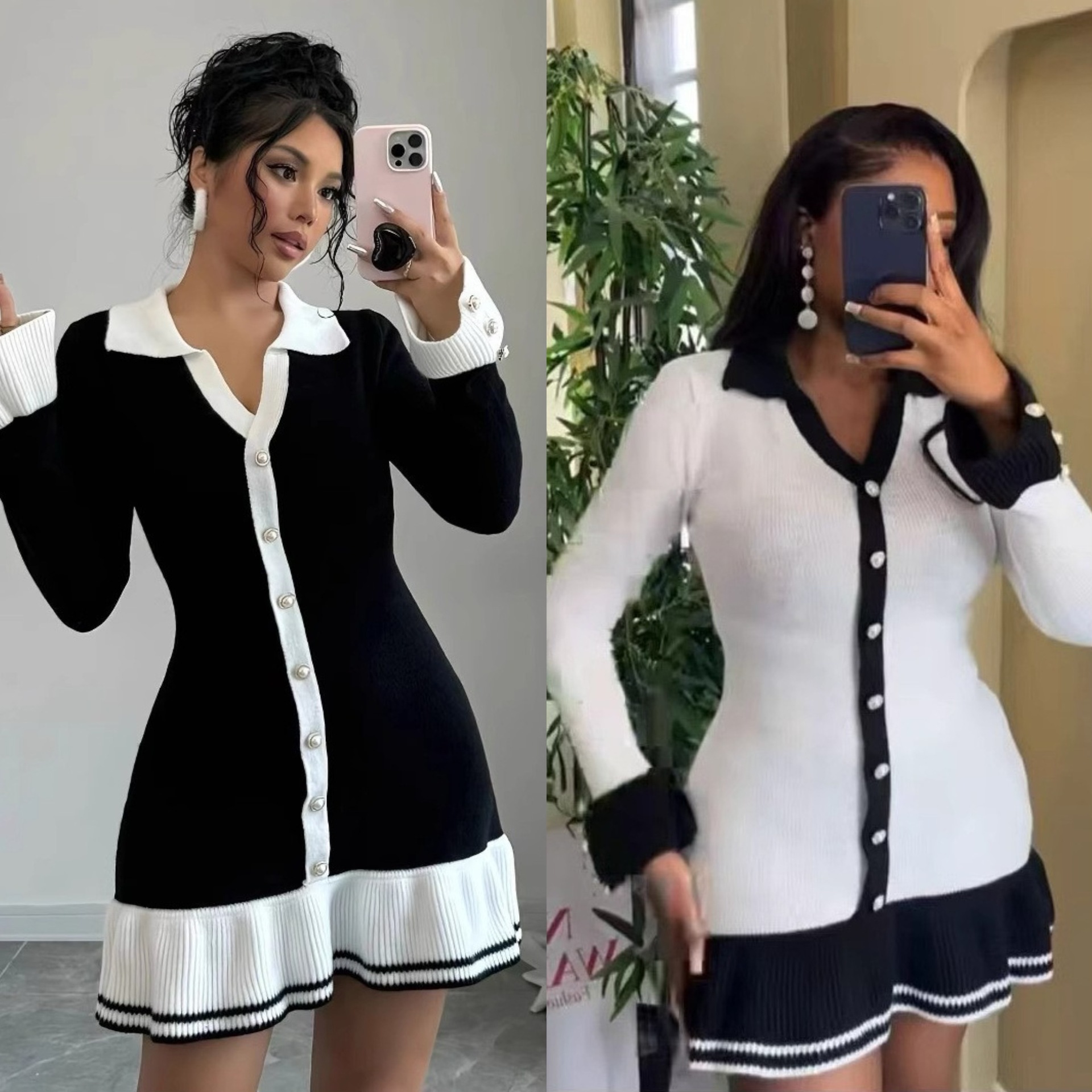 Foreign Trade New Style Elegant Slim V-Neck Long-Sleeved Ruffled Knitted Dress