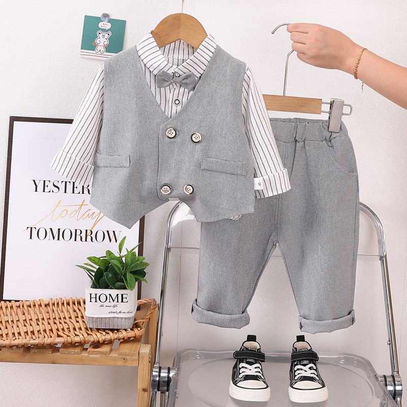 Picture of Korean style spring fashion baby fried street spring double-breasted vest bow tie long sleeve suit boy long sleeve three-piece set