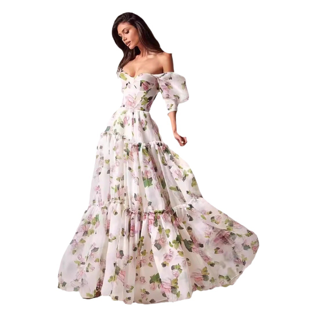 Europe and the United States cross-border new off-shoulder European and American women's fashion organza fairy long temperament evening dress dress