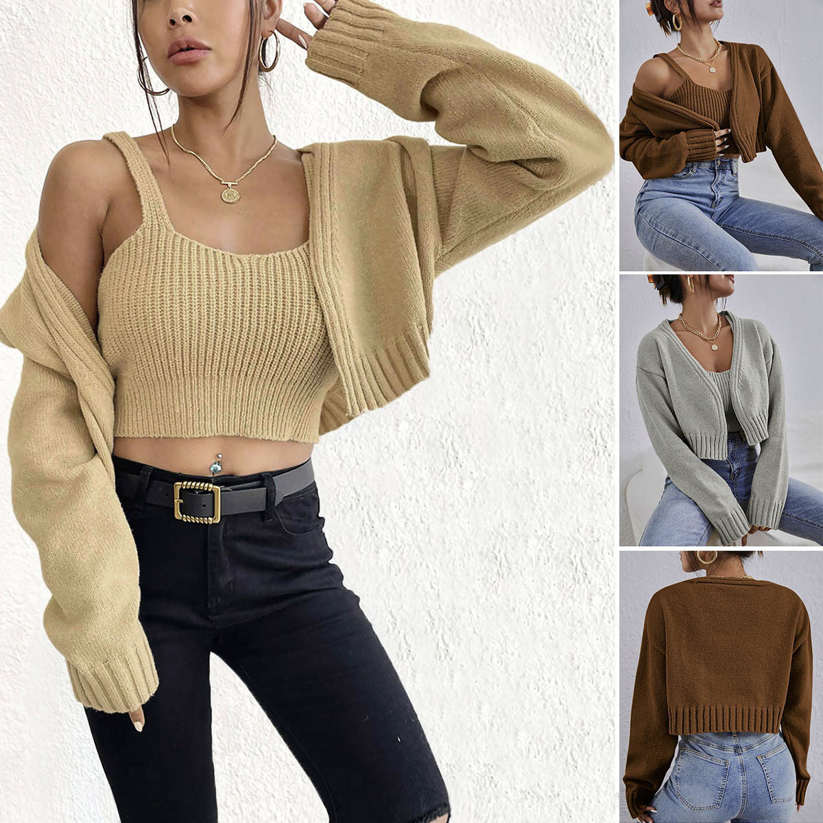 Short Sweater Coat Wild Style Sling suit Thick Soft Navel Sling Small Sweater Two-Piece Set Amazon