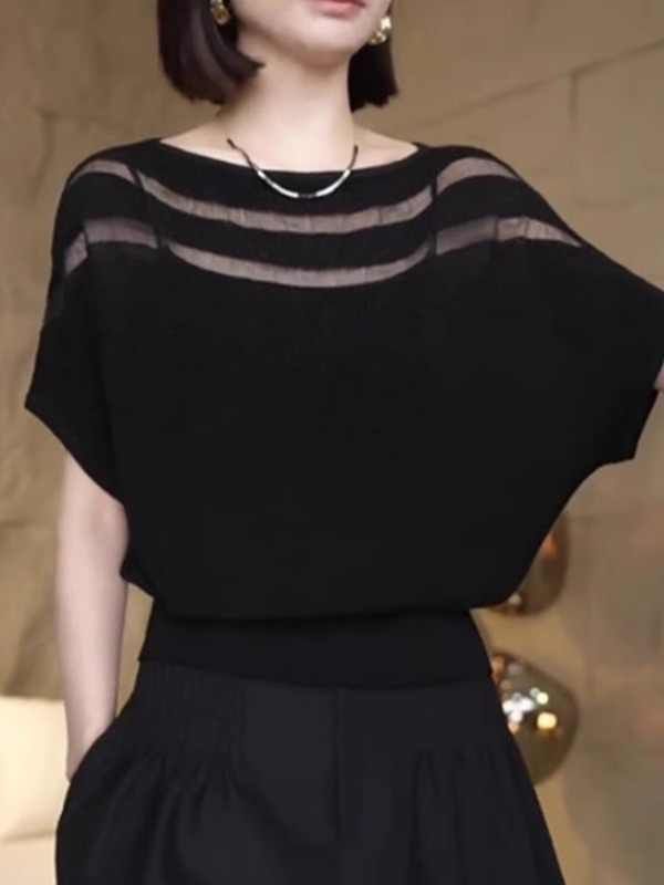 Black Short-Sleeved Knitwear for Women, Summer New Round Neck Bat-Sleeved Shirt, Fashionable and Loose Thin Top