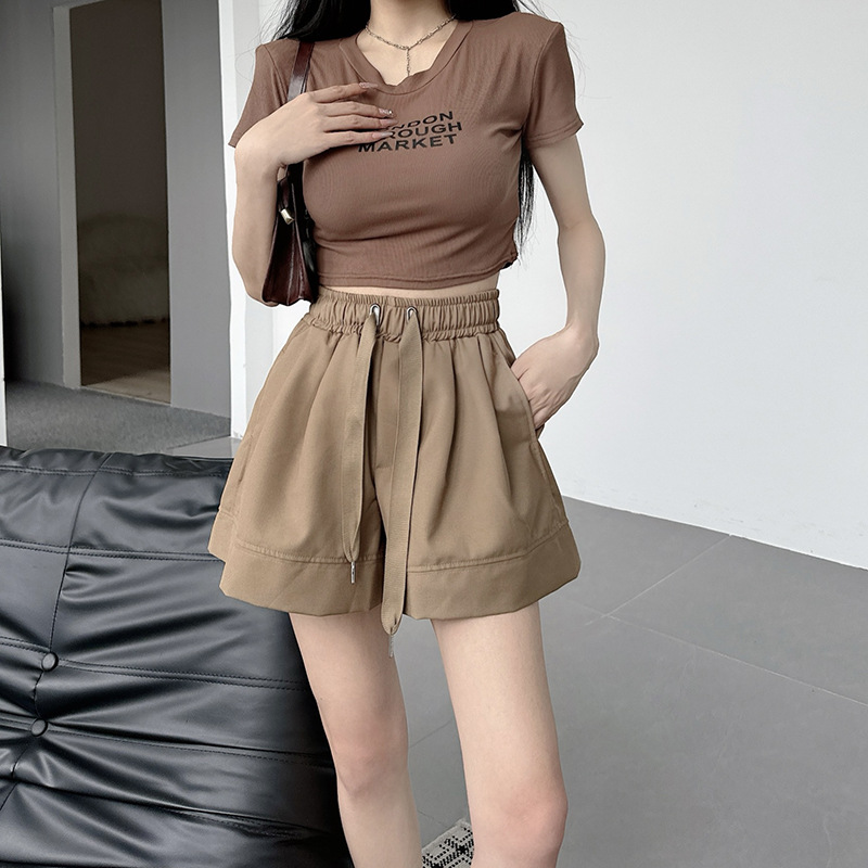 [Real shot twill silk] elastic high waist wide leg pants children's summer loose slimming thin casual shorts