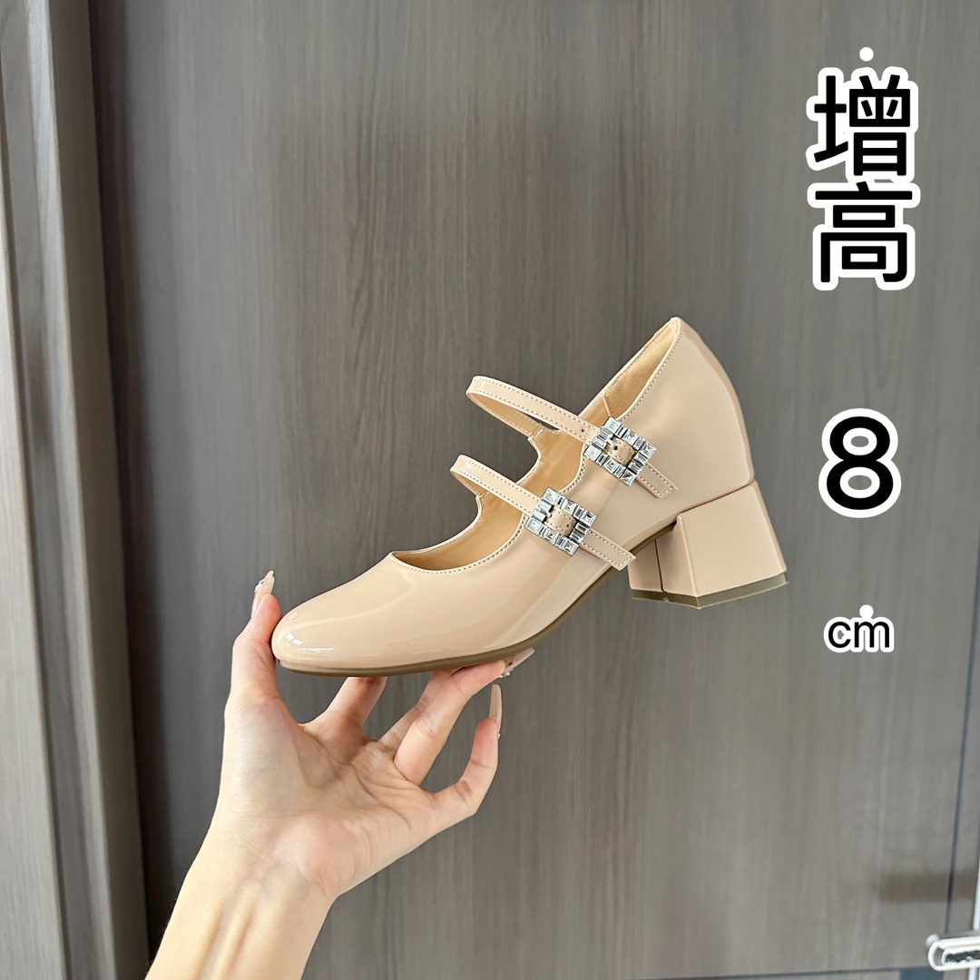French Shallow Mouth Thick Heel Plus 8cm Double Strap Raffin Buckle Round Head Mary Jane Gentle Temperament High Heels