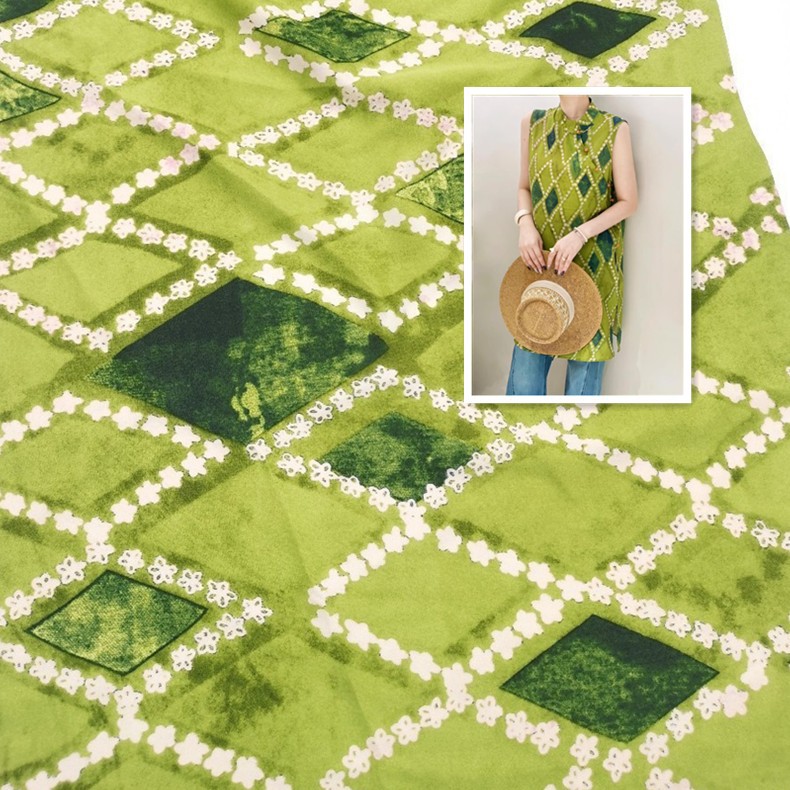 2025 New Elegant New Chinoiserie National Style Literary Style Fabric Fresh Style Green Flower Rhombus Pattern Printed Fabric
